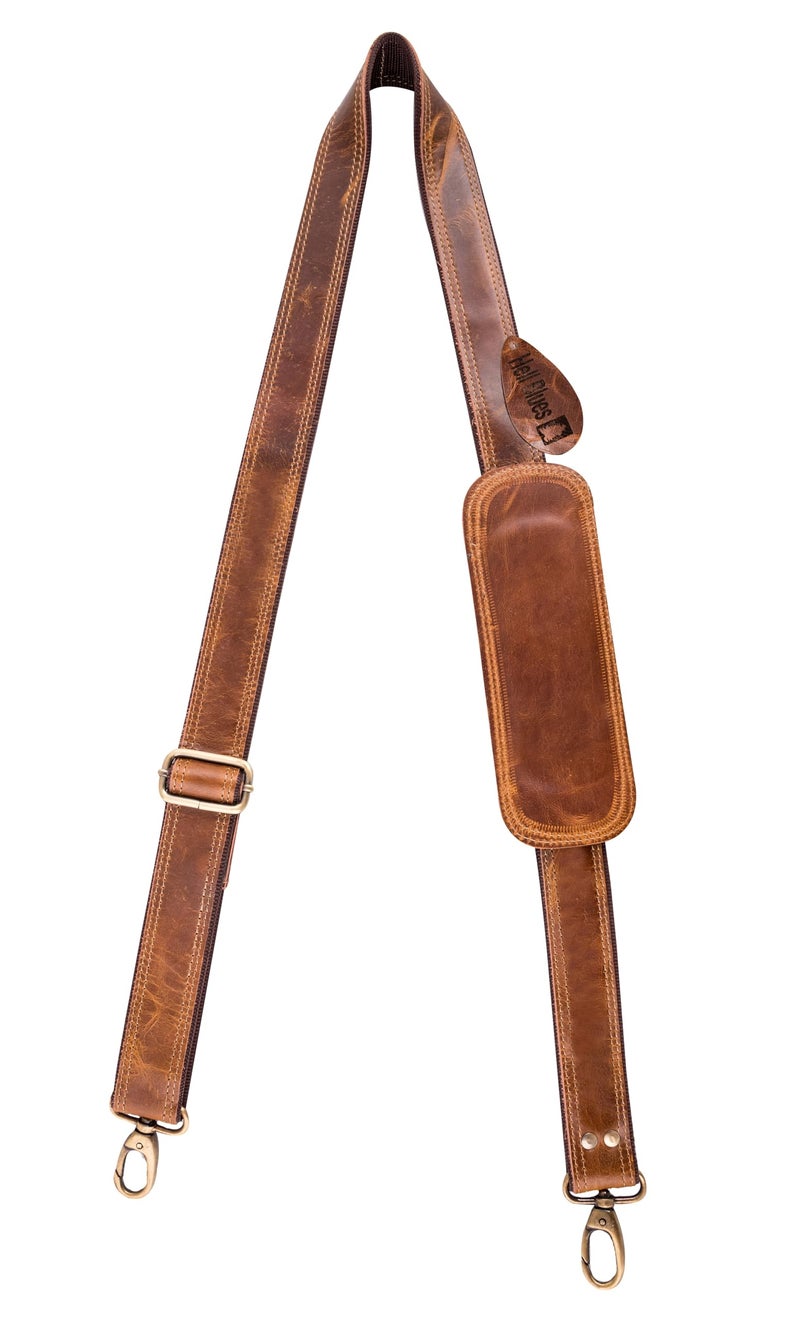 Hell Blues Bag Strap Replacement - Genuine Leather double layered with Brass Swivels ~ Adjustable Shoulder Strap for Messenger, Laptop, Camera, Travel Bags and More (CARAMEL BUFF) - Image 1